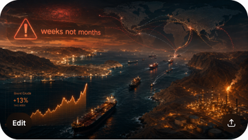 A satellite view of the Strait of Hormuz with oil tankers transiting, an IEA warning overlay with 'weeks not months' text, a Brent crude price chart showing +13% weekly gain, and a world map showing tanker route disruptions