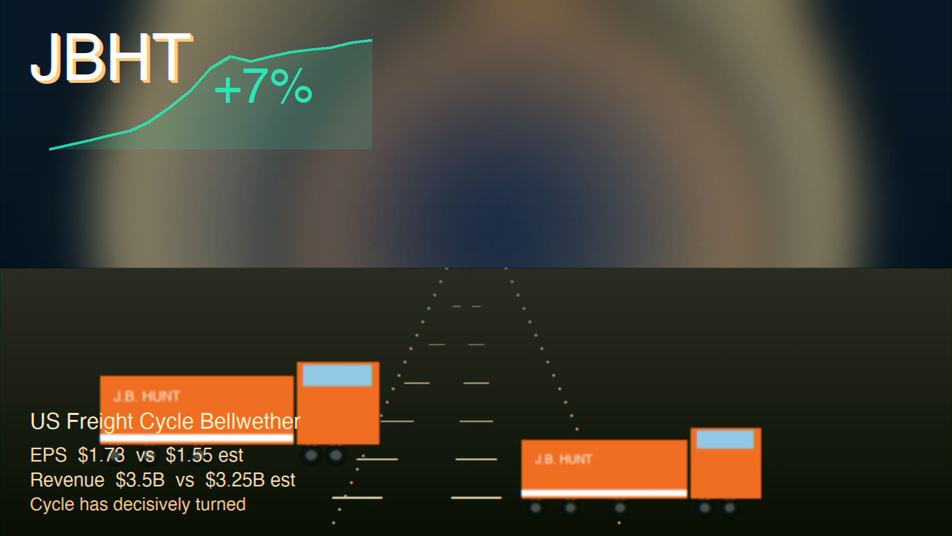 A fleet of J.B. Hunt trucks on a US highway with intermodal containers, a Q2 2026 earnings chart showing +7% stock reaction, and a US freight + logistics cycle infographic