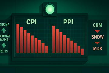 Two parallel falling bar charts showing CPI and PPI both declining, a green light signal above, with rate-sensitive tickers (housing, regional banks, REITs, small caps) rallying and AI application tickers (CRM, SNOW, MDB) falling