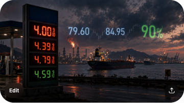 A gas station price sign with $4.00 highlighted in red, a Kalshi prediction market ticker showing 90% probability, oil tankers in the background with the Strait of Hormuz in distance, and a $79.60 WTI / $84.95 Brent overlay