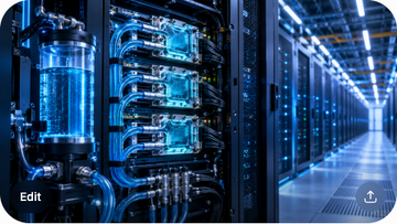 A data center cold plate liquid cooling loop on a server rack, a dielectric coolant reservoir in the foreground, an AI GPU cluster with cold plates attached, and a high-density server hall in a hyperscaler data center