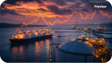 A massive LNG carrier sailing through a tropical strait with a regasification terminal in the background, a cryogenic LNG storage tank in the foreground, and a price chart of JKM Asian LNG overlaid on a 16:9 cinematic composition