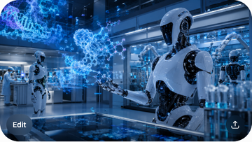 A robotics lab in Japan with humanoid robots powered by Nvidia Cosmos, an industrial AI ecosystem with Fujitsu + Hitachi + Kawasaki logos, and a drug discovery interface with BioNeMo molecular structure visualizations