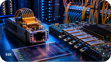 A 1.6T optical module with laser array on top, a network switch PCB with optical transceivers plugged in, a silicon photonics chip with waveguides, and a hyperscaler data center with optical fiber bundles