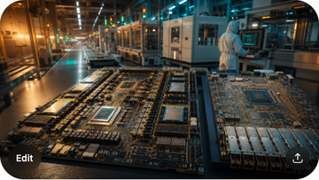 A high-density AI server PCB with golden traces and via arrays, an Nvidia GB200 NVL72 compute board layout, a 1.6T switch PCB with high-speed SerDes lanes, and a cleanroom fabrication line for advanced PCB manufacturing