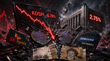 Korean Kospi index falling through a memory-chip wafer, Bank of Korea building with a 2.75% rate sign, and SK Hynix/Samsung logos in the wreckage