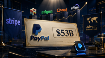 A giant $53 billion check, PayPal logo on a check-out counter, Stripe and Advent consortium banners, and competitor fintech tickers rallying in the background