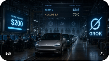 A Tesla factory floor with a glowing $200 weekly AI budget meter on one side, a Grok logo on the other, and a queue of competing AI models (OpenAI, Anthropic, Google) faded in the background, plus a coding scoreboard showing Grok at 68.6