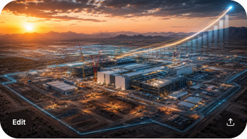An aerial view of the TSMC Arizona fab complex under construction with multiple cranes, a Q2 earnings infographic with +77% net profit growth, and a $100B investment overlay showing the expansion footprint