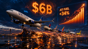 United Airlines jet taking off against a 34% jet fuel price spike chart, with Delta and American tickers trailing behind and a $6 billion cost overlay