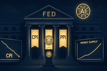 A Federal Reserve building facade with three task force banners (Inflation Measurement, AI, Monetary Aggregates) hanging from columns, a central podium with a Fed seal, and CPI PPI money supply charts glowing on side screens