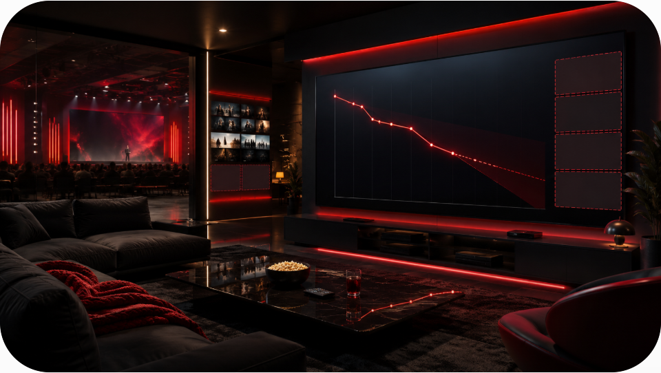 Netflix earnings dashboard with ad tier growth, live event lights, and a falling guidance line