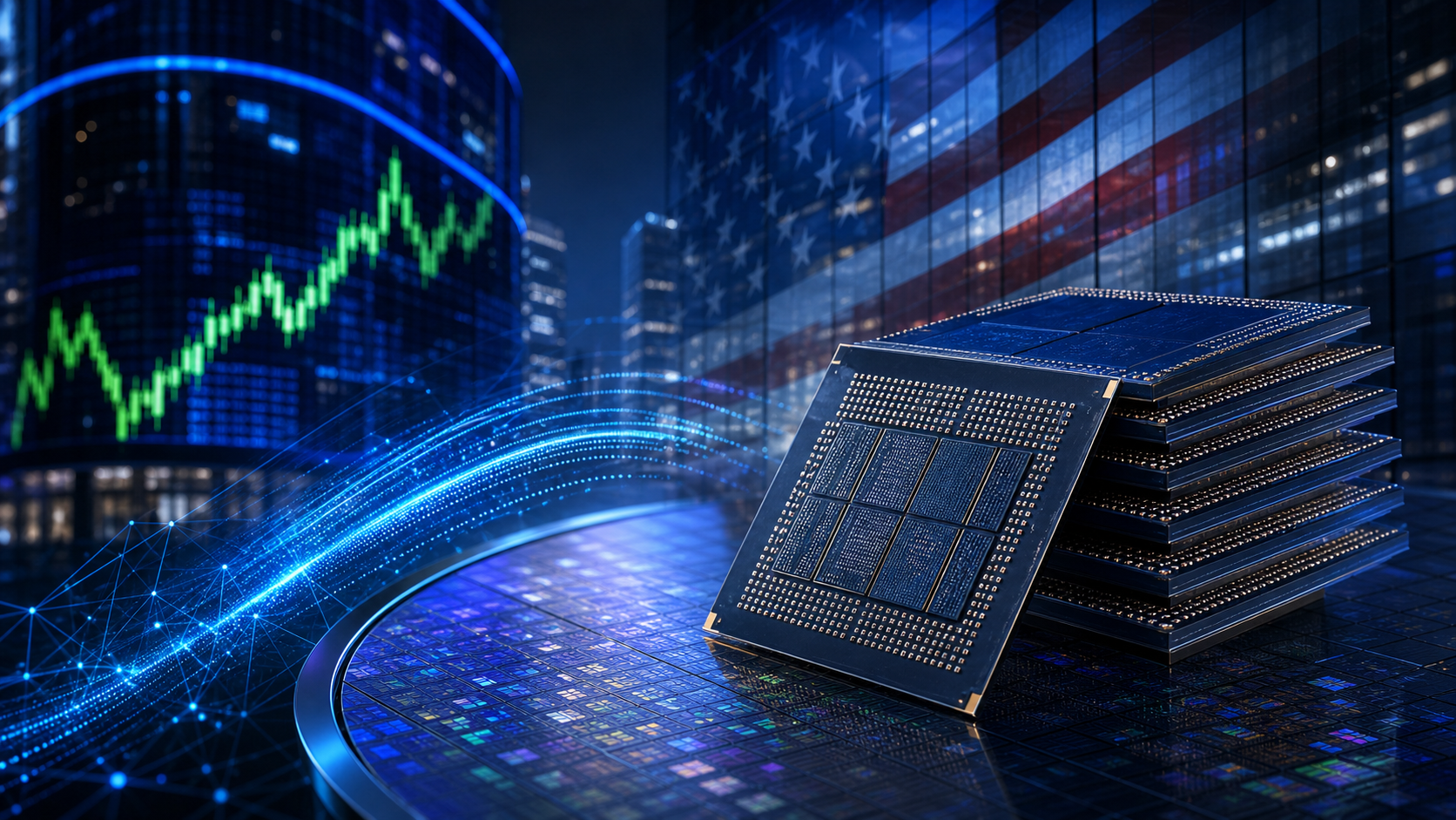 SK Hynix memory chips with a Nasdaq-style market backdrop and U.S. flag motif