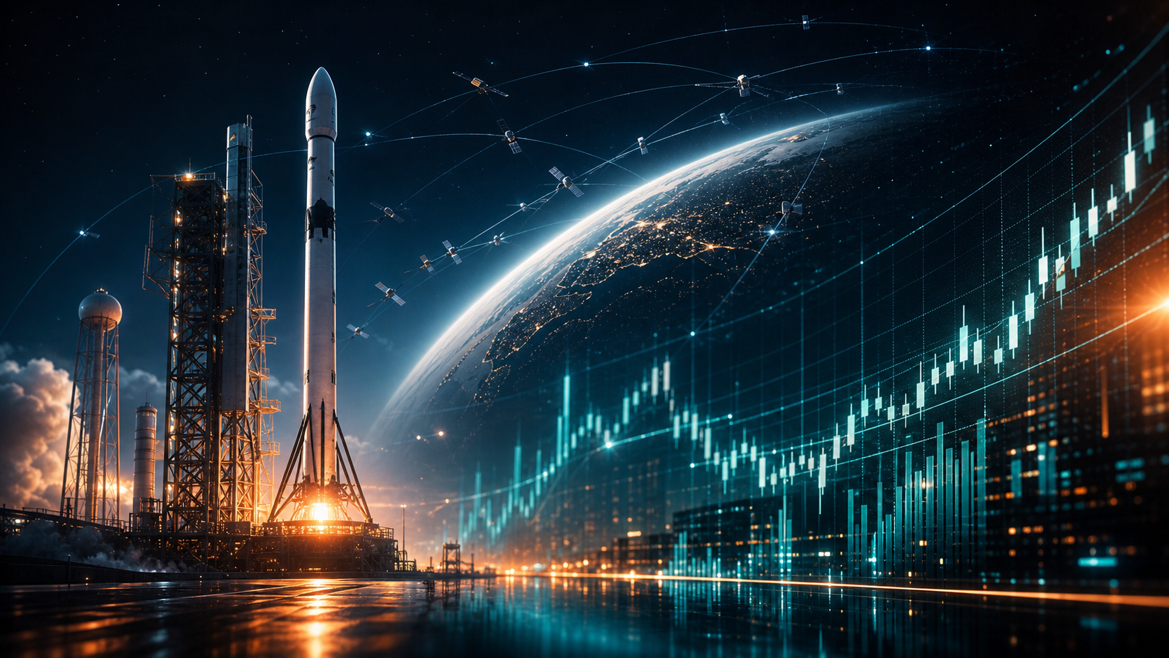 SpaceX rocket launch with a Nasdaq-style market chart and satellite constellation