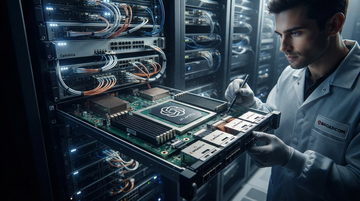 Abstract custom-silicon and rack-scale AI infrastructure illustration