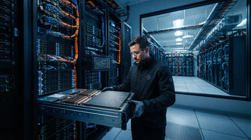 Abstract data center roadmap graphic showing Qualcomm moving from devices to cloud