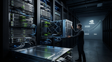 Stylized NVIDIA shareholder meeting and AI stack graphic