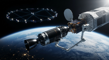 Rocket launch trajectory connecting to a satellite network and cash flow bars