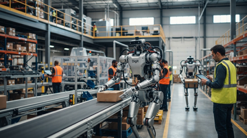 Abstract humanoid robotics and public market visualization with deployment and capital themes