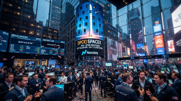 Abstract launch and public market benchmark graphic showing SpaceX IPO valuation effects