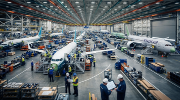 Boeing 737 production ramp graphic with aircraft line and cash flow signals