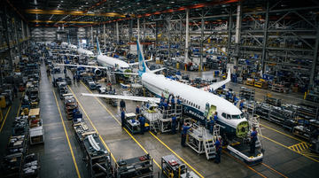 Boeing 737 production line graphic showing rate increase, backlog, and quality-control recovery