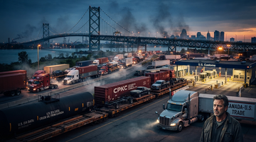 North American trade shock graphic with a tariff banner and supply chain pressure