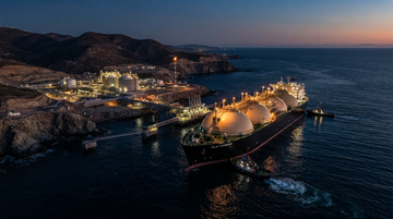 Pacific LNG corridor graphic with a short shipping route to Asia and gas price signals