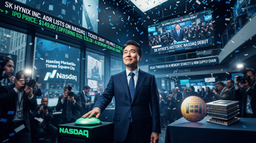 SK Hynix memory chips and a Nasdaq-style market backdrop showing AI demand and supply tightness