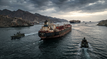 Hormuz shipping corridor graphic with oil price spikes, tanker traffic, and inflation pressure